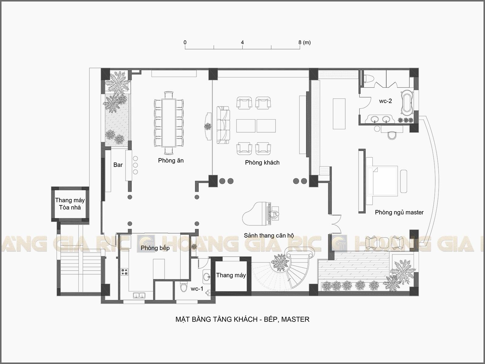 21ch01, mặt bằng căn hộ duplex, P. khách, bếp, ăn, master.