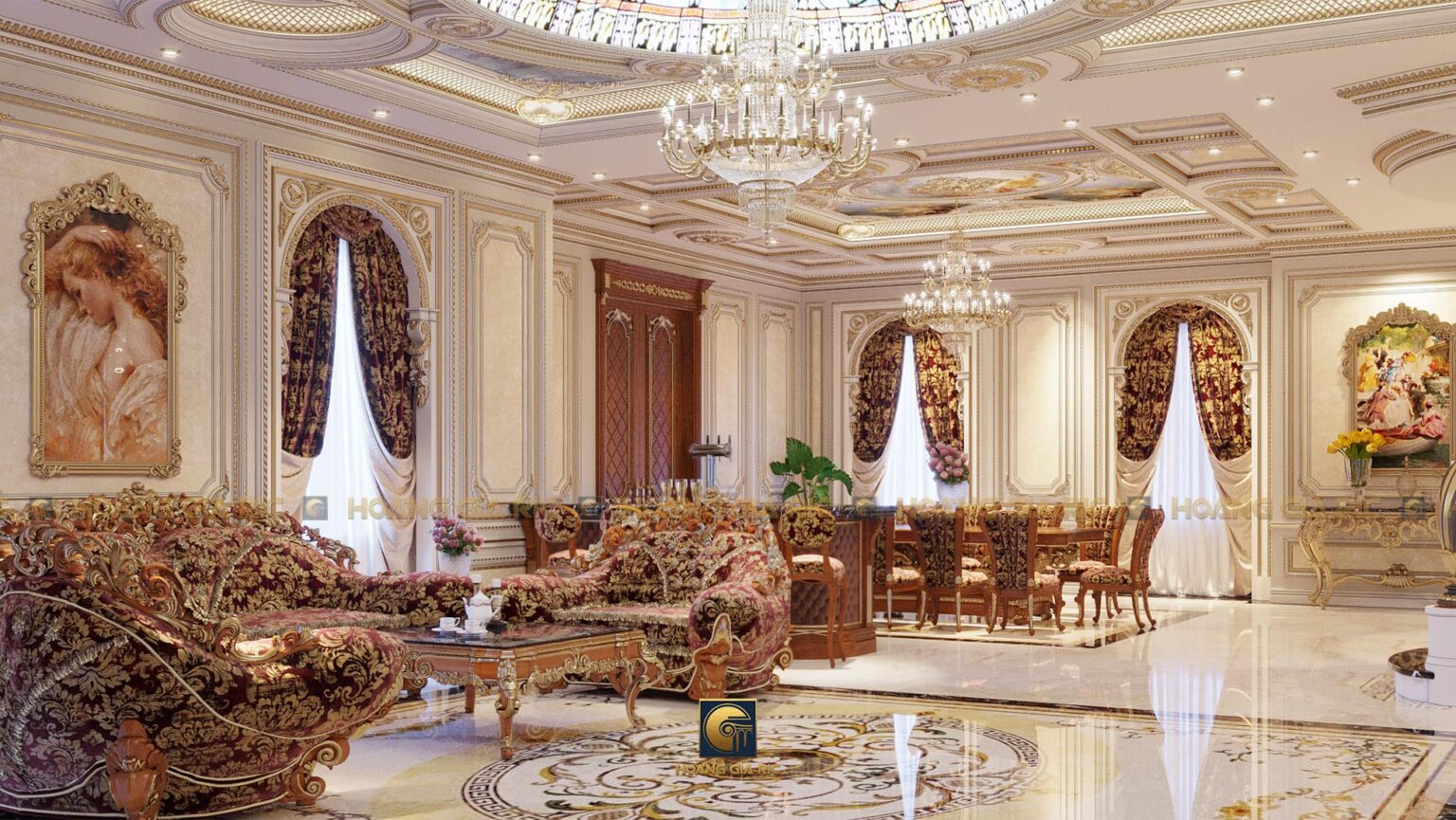 Nội thất phòng khách, bếp - ăn, biệt thự 200m2 • Hoàng Gia Ric