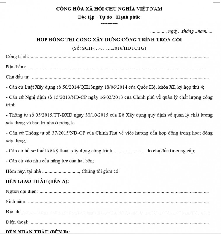 hợp đồng thi công xây dựng công trình trọn gói